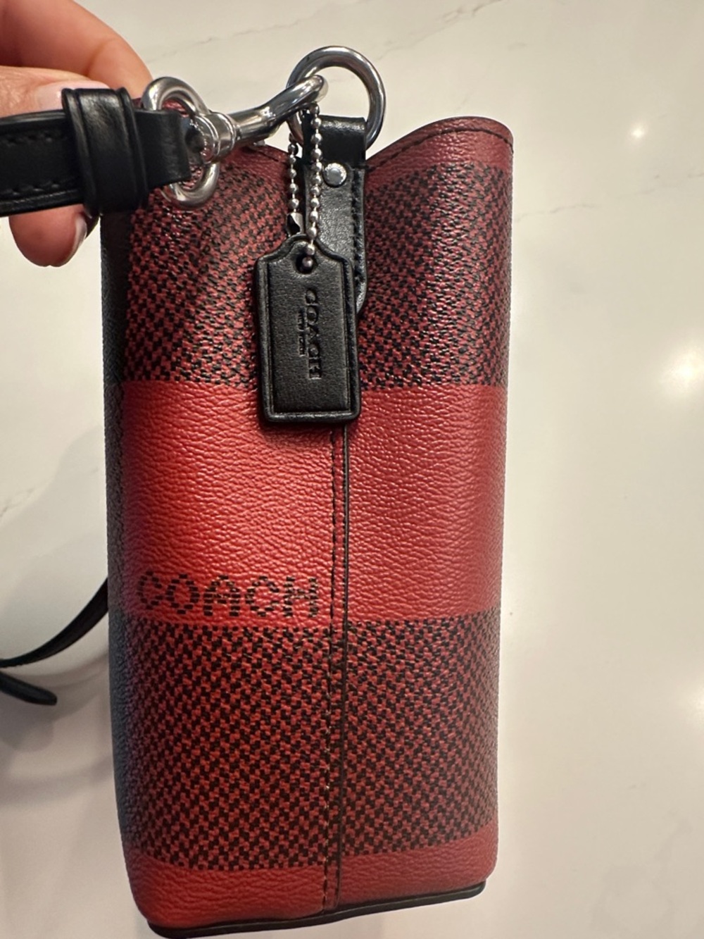 NWOT-Coach Red and Black Buffalo Check Mini Bucket Crossbody Bag
